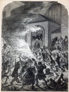 1780年にニューゲートの刑務所を燃やしている「No Popery」暴徒